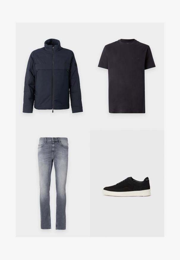 Zelena puffer jakna z visokim ovratnikom, sprednjim zadrgo in horizontalno prsno žepom. Gladka tekstura tkanine, ki ima logotip na rokavu.; Črna bombažna majica s kratkimi rokavi in krožnim izrezom, z embosiranim logotipom na prsih. Gladka tekstura, sproščen kroj.; Sive jeans s poudarjenim pranjem, ravnega kroja, petih žepov, z zankami za pas in kovinskim gumbom za zapiranje na pasu.; Črni semiš teniški copati z vezalkami in kontrastnim belim gumijastim podplatom. Imajo teksturirane stranske panele in subtilno oznako na peti.
