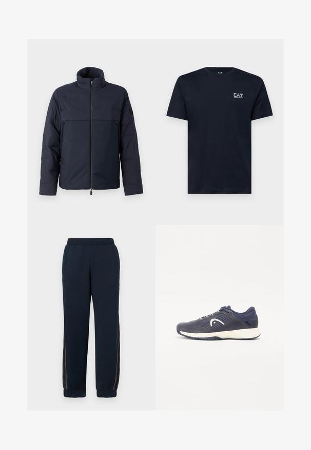 Tengerészkék pufi dzseki magas gallérral, elülső cipzárral és vízszintes mellzsebbels. Sima textúrájú anyag, az ujjon logóval.; Tengerész kék pamut póló, rövid ujjal, kerek nyakkal, és egy kis fehér hímzett logóval a bal mellen. Simaság jellemzi.; Tengereny színű melegítónadrág puha tapintással, szűkülő szárakkal és hálós oldalsó panelekkel. Rugalmas derékpánt a kényelem és a laza illeszkedés érdekében.; Tengerészkék sportcipő texturált kialakítással és fehér logóval. Párnázott talppal rendelkezik, valamint sötétkék díszítéssel a felső részen és a sarkon.