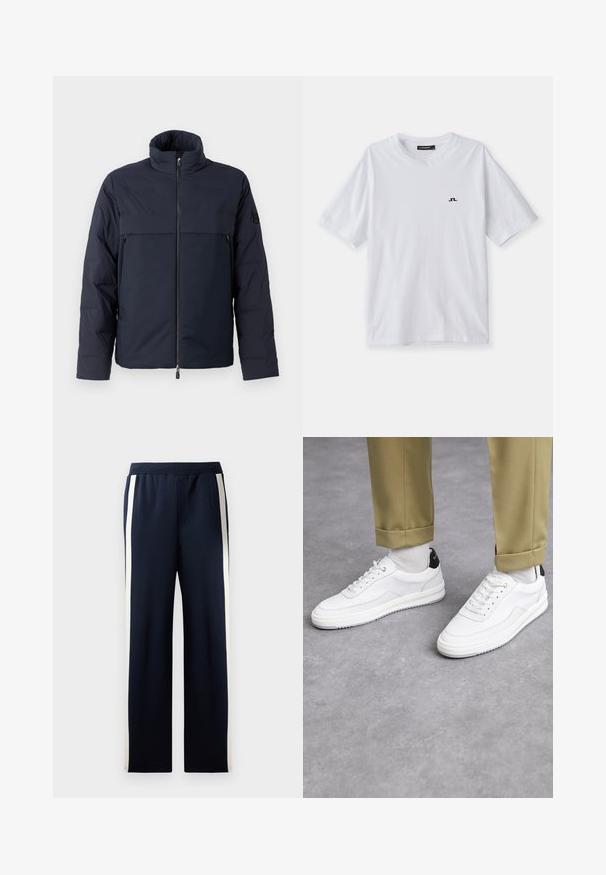 Marineblauer Pufferjacke mit hohem Kragen, Frontreißverschluss und horizontaler Brusttasche. Glatte Stoffstruktur mit einem Logo auf dem Ärmel.; Weißes Baumwoll-T-Shirt mit Rundhalsausschnitt und kurzen Ärmeln, versehen mit einem kleinen schwarzen Logo auf der Brust. Glatte Textur und lässiger Schnitt.; Navy Sweatpants mit weitem Bein Design, ausgestattet mit vertikalen cremefarbenen Streifen an den Seiten. Hergestellt aus weichem, strukturiertem Stoff mit einem elastischen Bund.; Weiße Sneakers mit einer strukturierten Lederoberfläche, abgerundeter Zehenpartie und schwarzem Fersenakzent. Gummisohle mit kleinem Profilmuster und genähten Details.