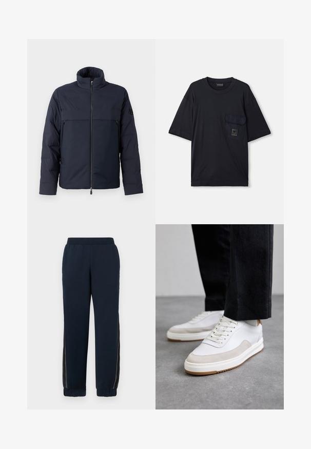 Navy modrá péřová bunda s vysokým límcem, předním zipem a vodorovnou náprsní kapsou. Hladká textilie s logem na rukávu.; Černé tričko s krátkým rukávem a kulatým výstřihem, které má kapsu s klopou na levé straně hrudi a malý obdélníkový logový štítek.; Námořnické tepláky s měkkou texturou, zúženými nohavicemi a síťovinovými bočními panely. Elastický pás pro pohodlí a ležérní fit.; Filling Pieces MONDO SQUASH TAG - Tenisky - white