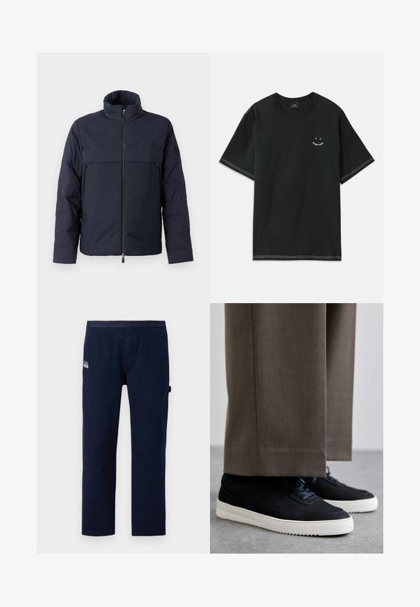 Navy puffer jacket with high collar, front zipper, and a horizontal chest pocket. Smooth fabric texture, featuring a logo on the sleeve.; Black cotton t-shirt featuring short sleeves, a crew neckline, and white stitching accents. Includes a small graphic on the chest.; Navy blue cotton trousers with a straight leg design, featuring a front pocket and a small brand label on the waistband.; Black suede sneakers with white rubber soles, featuring a rounded toe and laces, worn with gray tailored pants.