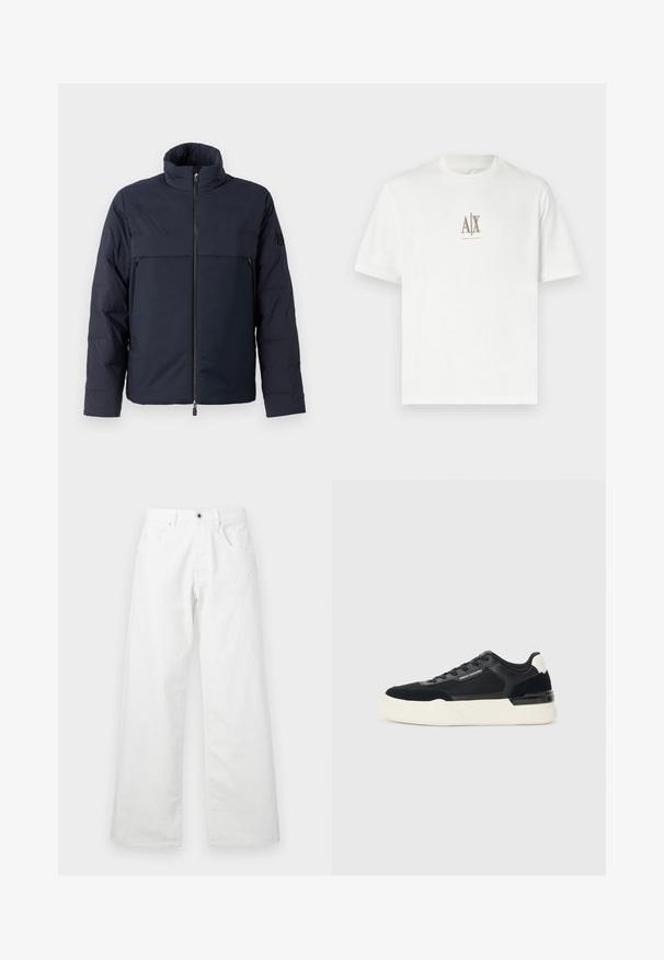 Jūrinis pūkinis džemperis su aukštu apykakle, priekyje užtrauktuku ir horizontalia kišenę krūtinėje. Lygus audinio paviršius, ant rankovės yra logotipas.; Balta medvilnės marškinėliai su apvalia iškirpte. Ant jų yra mažas smėlio spalvos logotipas "A|X" ir užrašas "ARMANI EXCHANGE" po juo. Trumpomis rankovėmis, reguliaraus kirpimo.; Balti džinsai su tiesia forma, turintys dvi priekinės kišenes ir mygtukų užsegimą. Lygi tekstūra su šiek tiek išblukusiu paviršiumi.; Juodos sportinės bateliai, pagaminti iš tinklinės medžiagos ir odos, su storu baltu padu ir kontrastingais akcentais. Raišteliai ir logotipo detalės šone.