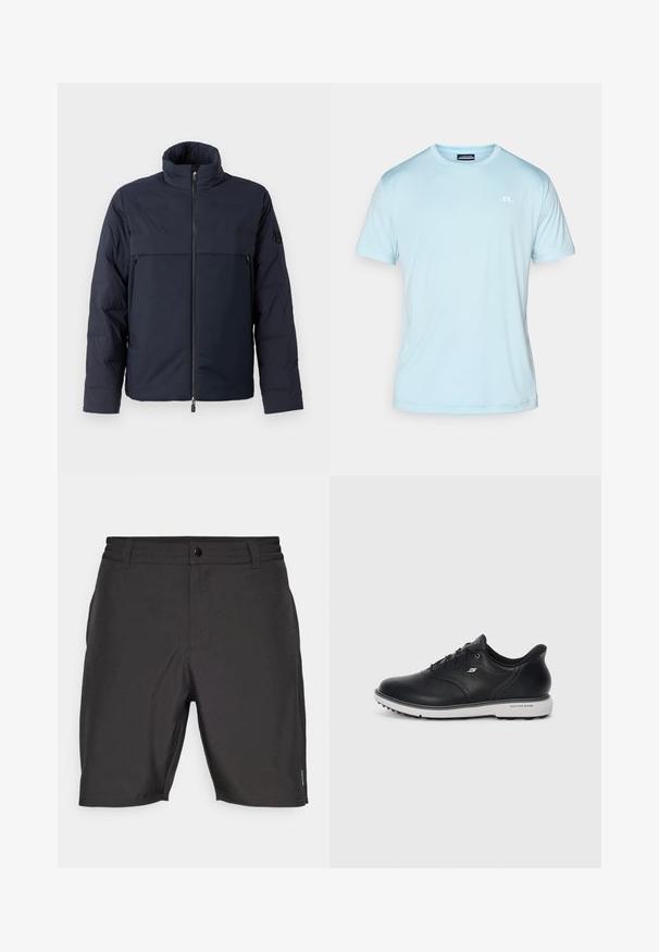 Tumed puffer-jakk kõrge kraega, esi tõmblukuga ja horisontaalse rinna taskuga. Sile kangatekstuur, millel on logo varrukal.; Hele helesinine lühikeste varrukatega T-särk, mis on valmistatud pehmest kangast, omades ümarat kaelust ja väikest valget logo vasakul ülal.; Mustad mustad lühikesed püksid, which are made from smooth and lightweight fabric. Featuring a button closure and two side pockets, they have a minimal design with subtle stitching.; Must on must lace-up Skechers tossud valge tallaga, külje logo ja tekstuurse haardega tallal, lihtsa heleda tausta ees.