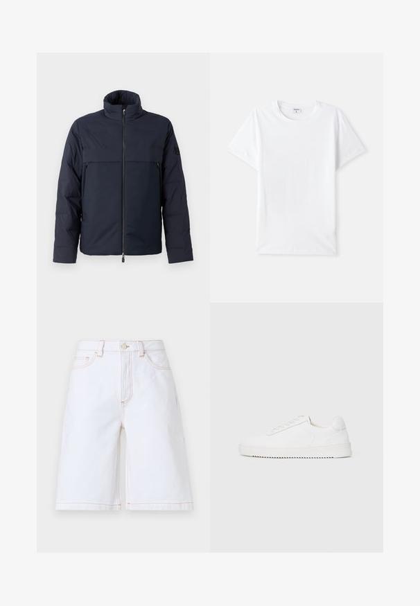 Navy modrá péřová bunda s vysokým límcem, předním zipem a vodorovnou náprsní kapsou. Hladká textilie s logem na rukávu.; Bílá bavlněná tričko, kulatý výstřih, krátké rukávy, hladká textura, bez vzorů nebo akcentů, jednoduchý design, standardní střih.; Bílé džíny šortky s rovný střih, pěti kapsami a kontrastním béžovým prošíváním. Obsahují přední zapínání na knoflík a zip.; Bílé tenisky s hladkým koženým svrškem, zaoblenou špičkou, šněrováním, texturovanými bočními akcenty a silnou gumovou podrážkou. Minimalistický design.