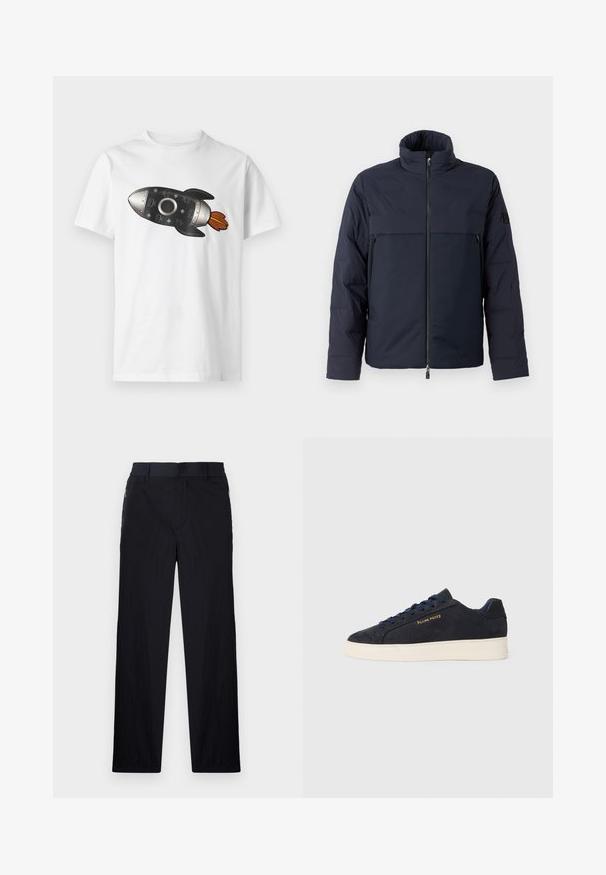 Tamno plava jakna s punjenjem, visokog ovratnika, prednjim patentnim zatvaračem i horizontalnom džepom na prsima. Glatka tekstura tkanine, s logotipom na rukavu.; Bijela kratka majica s crnim i srebrnim grafičkim dizajnom rakete koja isijava narančaste plamenove, centrirana sprijeda.; Crne hlače od lagane, teksturirane tkanine, ravnog kroja, s elastičnom gumicom u struku i bočnim džepovima sa zatvaračem.; Navy plave sačmene niske tenisice s bijelim potplatom, mornarskim vezicama i "Filling Pieces" logotipom u zlatnoj boji sa strane.