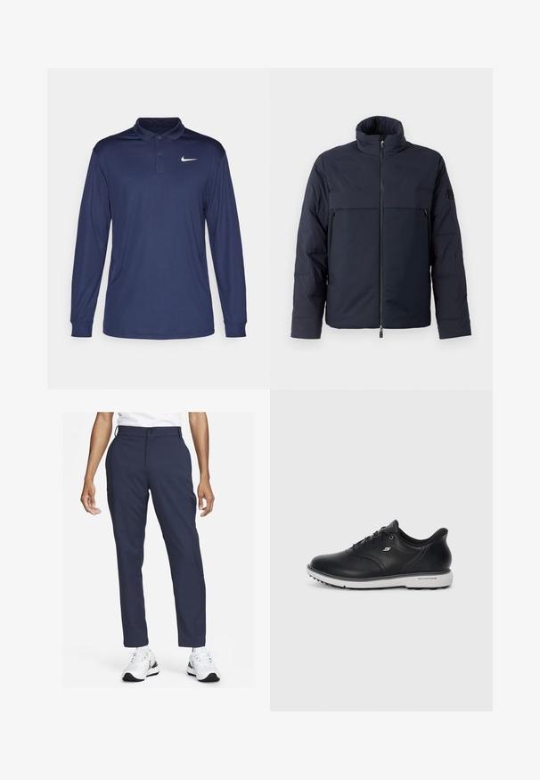 Tumed puffer-jakk kõrge kraega, esi tõmblukuga ja horisontaalse rinna taskuga. Sile kangatekstuur, millel on logo varrukal.; Tumesinise pika varrukaga polo särk, mis on valmistatud kergest kangast, tõstetud krae, nööpide ridade ja valge Nike logo kaeluse vasakul küljel.; Sileți sinised püksid, mis on valmistatud siledast kangast ja millel on sirge jalg, esipocket ja vöölukud, kombineeritud valgete tossudega.; Must on must lace-up Skechers tossud valge tallaga, külje logo ja tekstuurse haardega tallal, lihtsa heleda tausta ees.