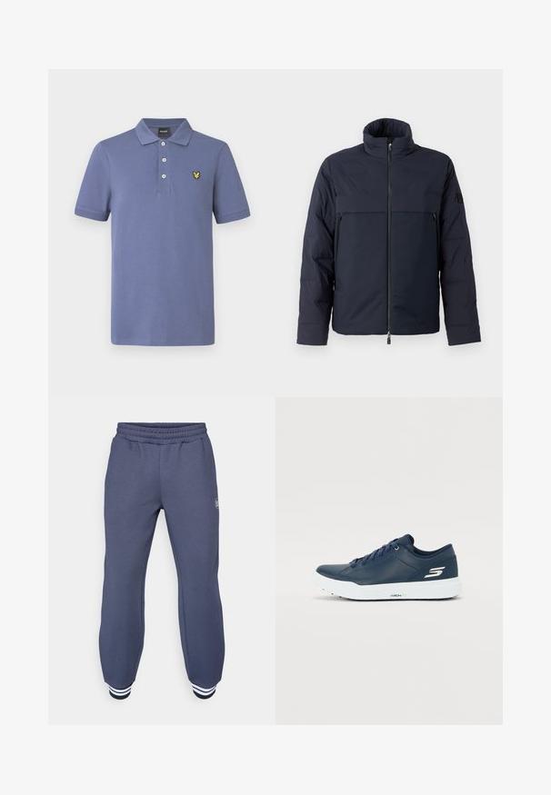 Mørkeblå pufferjakke med høj krave, lynlås i front og en vandret brystlomme. Glat stoftekstur med et logo på ærmet.; Poloshirt i lyseblåt bomuld med klassisk krave, treknaps-åbning og gul logo-broderi på venstre bryst.; Mørkeblå træningsbukser lavet af blødt stof, med elastisk talje og ribbede manchetter med hvide striber ved anklerne; diskret struktureret mønster.; Marineblå sneakers med glat syntetisk overdel, polstret krave og hvid sål. Har logo på siden og flade snørebånd for en sikker pasform.