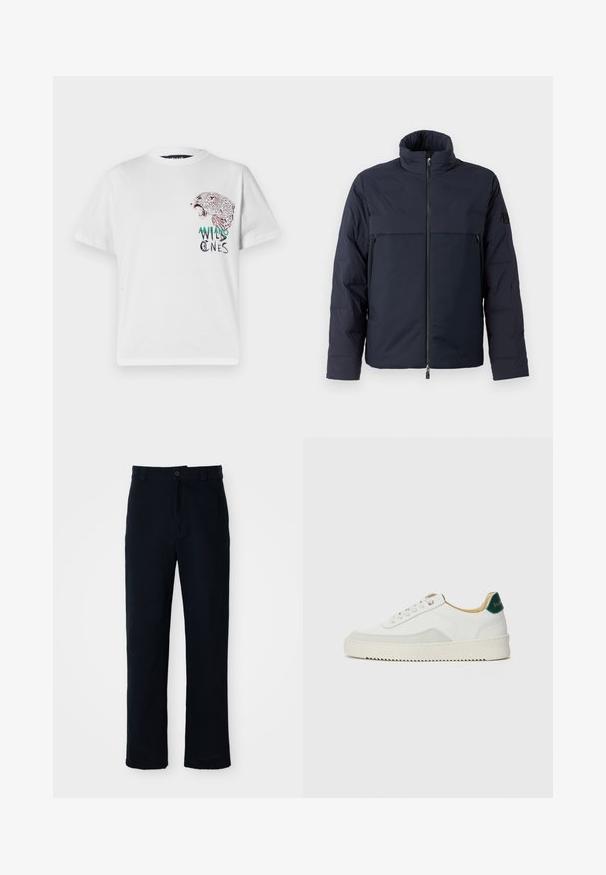 Casaco acolchoado azul-marinho com gola alta, fecho frontal e um bolso horizontal no peito. Textura de tecido suave, apresentando um logotipo na manga.; T-shirt branca de algodão com um design de estampa de leopardo na frente, com o texto "MILANO WILD ONES" em preto e detalhes em verde. Mangas curtas.; Calças azul marinho em algodão, com um design de perna reta, fecho frontal com botão e cinta clássica com passantes para cinto.; Tênis brancos com detalhes em camurça, bico arredondado, atacadores planos e sola de borracha creme. Apresenta uma marcação verde no calcanhar.
