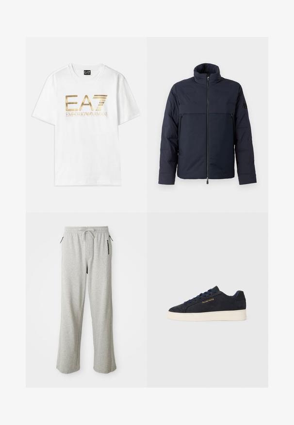 Zelena puffer jakna z visokim ovratnikom, sprednjim zadrgo in horizontalno prsno žepom. Gladka tekstura tkanine, ki ima logotip na rokavu.; Bela bomba iz bombaža z velikim zlatim kovinskim logotipom "EA7" in besedilom "EMPORIO ARMANI" spodaj, kratke rokave in krožnim izrezom.; Sive trenirke iz mehkega materiala, z vrvico za prilagajanje v pasu, stranskimi žepki in tiskanim logotipom vzdolž leve noge.; Mornarsko modre semiš nizke superge z belim podplatom, mornarskimi vezalkami in z zlatim logotipom "Filling Pieces" na strani.
