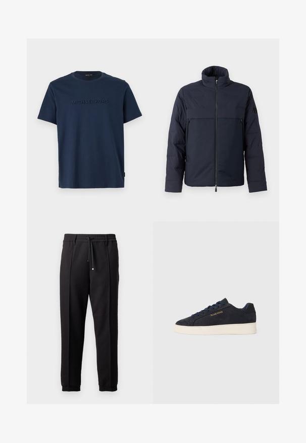 Jachetă puffer marină cu guler înalt, fermoar frontal și un buzunar orizontal pe piept. Textură netedă a materialului, având un logo pe mânecă.; Tricou din bumbac de culoare bleumarin, cu mâneci scurte și guler rotund; prezintă un logo „MICHAEL KORS” reliefat pe față.; Pantaloni negri cu un brâu, șnur și manșete elastice. Prezintă pliuri și un material neted, texturat.; Adidași cu talpă joasă din suede bleumarin, cu talpă albă, șireturi bleumarin și logo-ul 'Filling Pieces' în aur pe lateral.