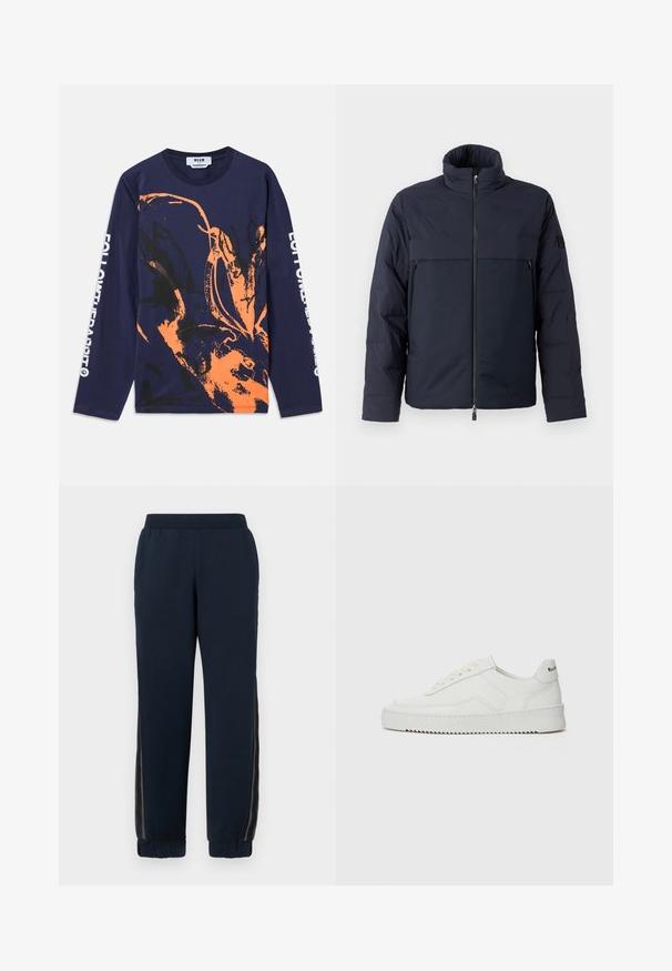 Navy puffer jacket with high collar, front zipper, and a horizontal chest pocket. Smooth fabric texture, featuring a logo on the sleeve.; Navy long-sleeve t-shirt made of cotton featuring an orange and black abstract design. Text on sleeve reads "FOLLOW THE RABBIT."; Navy sweatpants with a soft texture, tapered cuffs, and mesh side panels. Elastic waistband for comfort and casual fit.; White leather sneaker with a smooth finish, round toe, flat laces, and a textured sole. Features a subtle logo on the heel.