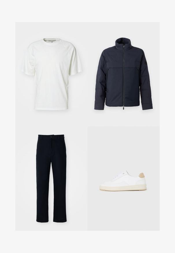 Granatowa kurtka puchowa z wysokim kołnierzem, zamkiem z przodu i poziomą kieszenią na klatce piersiowej. Gładka faktura materiału, z logo na rękawie.; Biała koszulka wykonana z miękkiej bawełny; posiada okrągły dekolt, krótkie rękawy raglanowe i luźny krój; minimalistyczny design bez wzorów i akcentów.; Granatowe spodnie wykonane z bawełny, z prostą nogawką, z zapięciem na guziki z przodu oraz klasycznym pasem z pętelkami na pasek.; Białe niskie sneakersy z teksturowanej skórzanej cholewce, kremową żłobioną podeszwą i brązowym akcentem na pięcie. Posiadają białe sznurowadła i detal z logo na pięcie.
