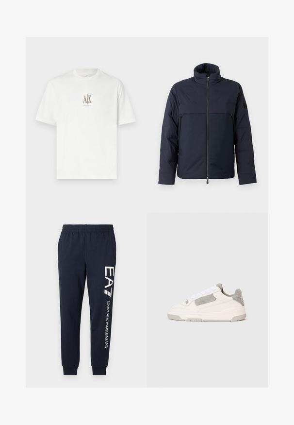 Navy modrá péřová bunda s vysokým límcem, předním zipem a vodorovnou náprsní kapsou. Hladká textilie s logem na rukávu.; Bílé bavlněné tričko s kulatým výstřihem. Má malý béžový logo "A|X" a nápis "ARMANI EXCHANGE" napsaný pod ním. Krátké rukávy, běžný střih.; Tmavě modré bavlněné teplákové kalhoty s elastickým pasem, zúženými nohavicemi a kontrastními bílými logy EA7 a Emporio Armani potištěnými po straně.; Bílé a světle šedé nízké tenisky s bílými šněrováním a semišovými detaily, zobrazené z boku na jednoduchém světlém pozadí.