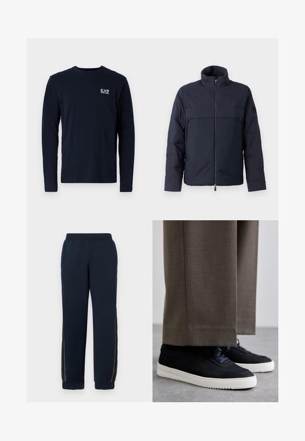 Námornícka prešívaná bunda s vysokým golierom, predným zipsom a horizontálnou náprsní kapsou. Hladký materiál s textúrou, so znakem na rukáve.; Námornícka dlhá mäkká košeľa s dlhým rukávom z bavlny, so zaobleným výstrihom a malým bielym logom EA7 na ľavej hrudi. Hladká textúra.; Námořnické tepláky s jemnou texturou, zúženými manžetami a síťovinovými bočními panely. Elastický pas pro pohodlí a volný střih.; Čierne semišové tenisky s bielymi gumovými podrážkami, s okrúhlym prstom a šnúrkami, nosené s šedými vypracovanými nohavicami.
