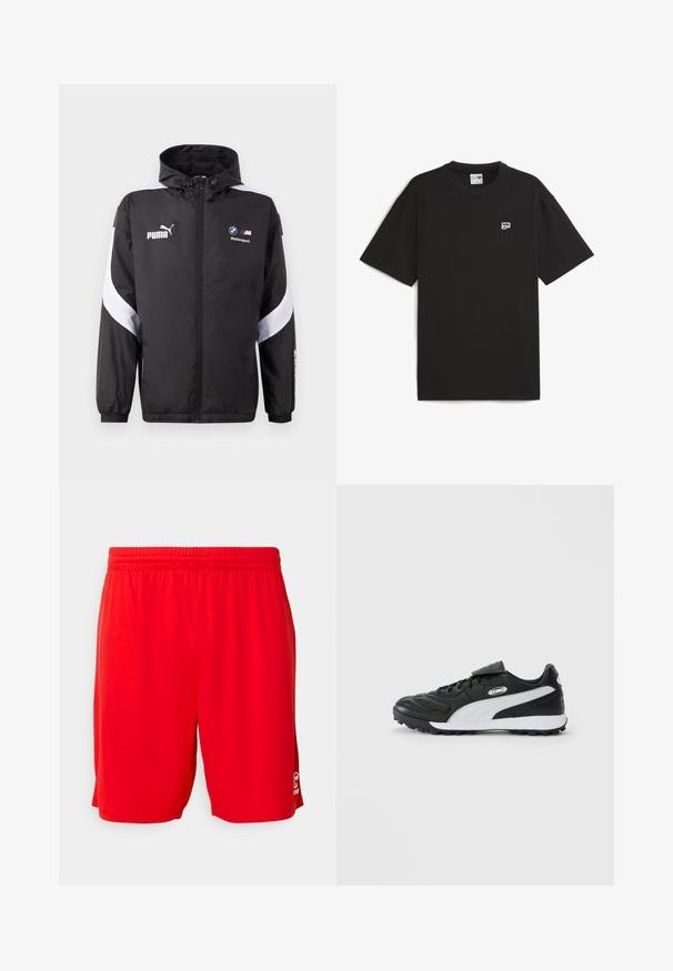 Chaqueta cortavientos negra con capucha, con acentos blancos y logotipos de Puma y BMW Motorsport en el frente. Ligera, de textura suave.; Camiseta de algodón negra de manga corta, con cuello redondo y pequeño logo blanco en el pecho. Ajuste simple y relajado.; Pantalones cortos deportivos rojos hechos de tejido ligero, con cintura elástica, textura suave y un detalle de logo en la parte inferior derecha.; Zapato de fútbol negro de caña baja con una franja blanca lateral, suela texturizada, parte frontal con cordones y tapa de Velcro sobre los cordones, sobre fondo liso.