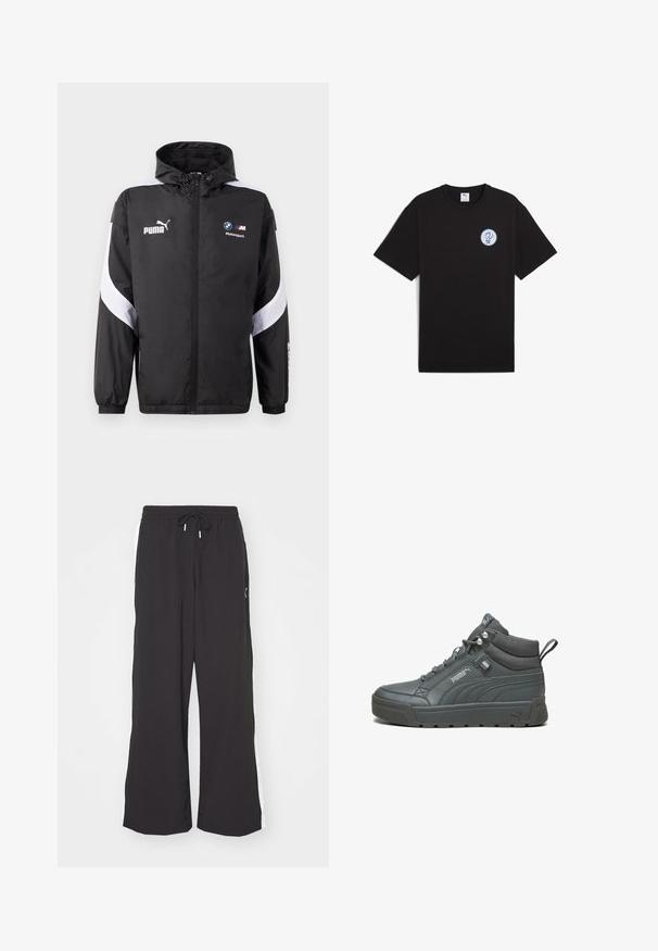 Melns vējjaka ar kapuci, kurai ir baltas akcentu detaļas un Puma un BMW Motorsport logo uz priekšpuses. Viegls, gluds audums.; Melna kokvilnas T-kreklā ar īsām piedurknēm, apaļu kakla izgriezumu un apļveida zilu logo kreisajā krūšu daļā. Gluda tekstūra un ikdienišķa piegriezne.; Melni platajā kājām sporta bikses ar elastīgu jostu un auklu. Roku izstrādātas balta sānu svītra un divas sānu kabatas. Gluda tekstūra.; Augstās kedas pelēkā ādā ar struktūru, ar mīkstu apkaklīti un gumijas zoli. Iespējas logotips un izšuvumi sānos.