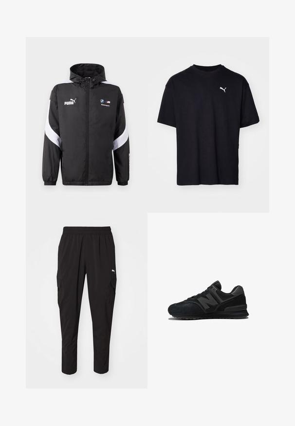 Black windbreaker jacket with a hood, featuring white accents and Puma and BMW Motorsport logos on the front. Lightweight, smooth texture.; Black cotton t-shirt with short sleeves, round neckline, and a white Puma logo on the upper left chest. Classic fit, smooth texture.; Black cargo pants with an elastic waistband, featuring side pockets and a sleek, lightweight fabric. Suitable for casual or active wear.; Black sneaker featuring a suede and mesh upper, thick sole, and prominent 'N' logo on the side. Textured design with lace closure.