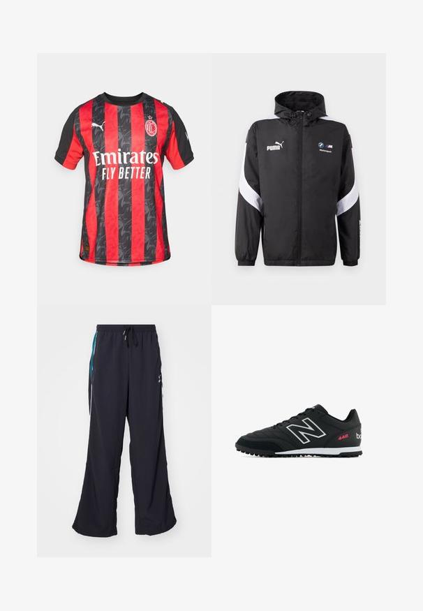 Black windbreaker jacket with a hood, featuring white accents and Puma and BMW Motorsport logos on the front. Lightweight, smooth texture.; AC Milan jersey with red and black vertical stripes, featuring a textured pattern, crew neck, and Puma logo on the right sleeve.; Puma PLAY PARIS TRACK PANTS - Tracksuit bottoms - black; Black athletic shoe with a textured leather upper, silver logo, white midsole, and black rubber tread. Features pink accents and laces.