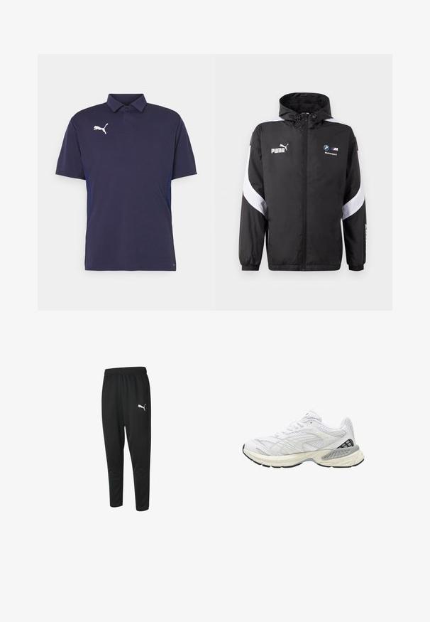 Černá bunda s kapucí, která má bílé akcenty a loga Puma a BMW Motorsport na přední straně. Lehký, hladký materiál.; Námořnická modrá polo košile s krátkým rukávem, s bílým logem Puma na hrudi a texturovanými panely po stranách. Klasický design límce.; Černé sportovní kalhoty z hladké tkaniny, s pohodlným stahovacím pasem, zúženými nohavicemi a malým bílým logem Puma na levé straně.; Bílé sportovní boty s vrchní částí z prodyšné tkaniny, strukturovanými detaily, polstrovanou podrážkou a černými akcenty na patě. Zaoblený tvar špičky.