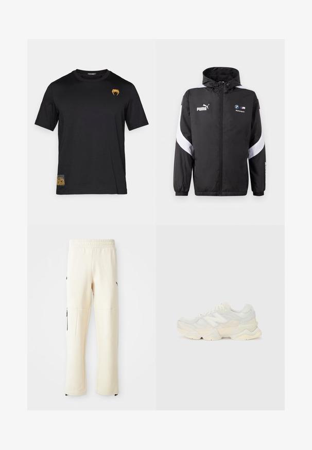 Black windbreaker jacket with a hood, featuring white accents and Puma and BMW Motorsport logos on the front. Lightweight, smooth texture.; Black cotton t-shirt with short sleeves, featuring an orange snake logo on the upper left and a patterned accent on the bottom left.; Light beige sweatpants made from soft fabric. Features a black logo, side pockets with zippers, and a relaxed fit.; Lightweight sneaker featuring a mesh and suede upper in soft cream tones, with a chunky sole and three-dimensional accents.