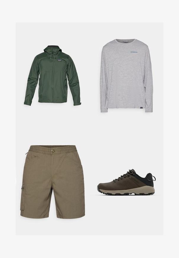 Veste de pluie légère verte avec capuche, fermeture éclair frontale et poches latérales. Présente une texture lisse et des détails de ventilation.; T-shirt à manches longues gris clair en tissu doux et texturé. Il présente un col rond et un petit logo Patagonia bleu sur la poitrine.; Shorts kaki avec taille élastique, poches avant et poche cargo sur le côté. Fabriqués en tissu léger et lisse avec des détails de couture subtils.; Baskets imperméables marron avec une tige texturée, des accents perforés, un support de talon noir et une semelle en caoutchouc grise. Les lacets sont ornés d'embouts métalliques.