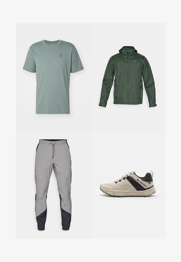 Zelena lahka dežna jakna s kapuco, sprednjim zadrgo in stranskimi žepi. Ima gladko teksturo in podrobnosti za ventilacijo.; Mint zelena majica kratkih rukava iz mekog materijala. Sadrži mali izvezeni dizajn osobe s narančastim surf daskom na prsima.; Lahki, sivi atletski hlače z črnimi dodatki. Elastika v pasu, zategovalna vrvica, oblikovana noga in stranske žepe.; Columbia superge v bež in črni barvi, s teksturiranim mrežastim zgornjim delom, pikčasto srednjo podlogo in trdim gumijastim podplatom za oprijem.