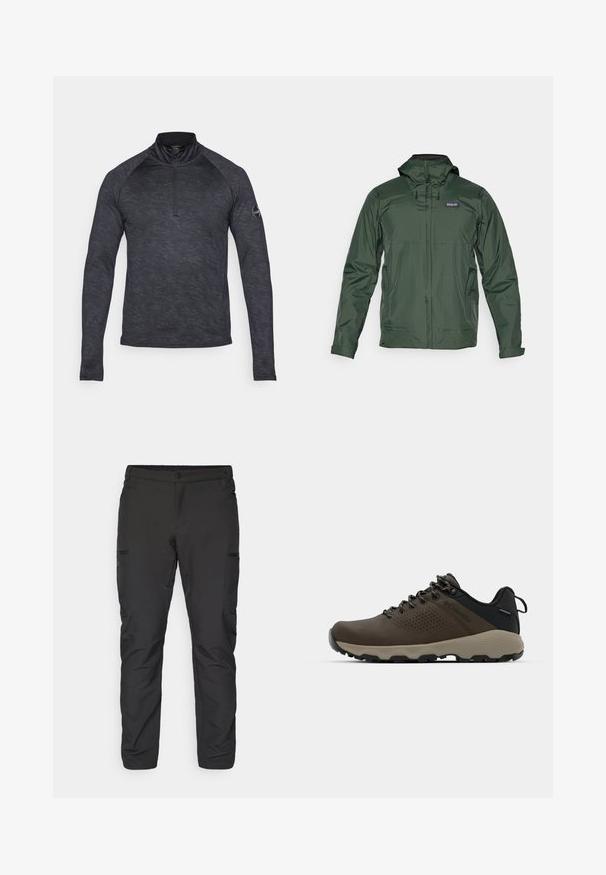 Žalias lengvas lietpaltis su kapišonu, priekiniais užtrauktukais ir šoninėmis kišenėmis. Pasižymi lygiu paviršiumi ir ventiliacijos detalėmis.; Tamsiai pilkas megztinis su puse užtrauktuko apykakle, ilgomis rankovėmis ir tekstūruotu raštu. Savybė - raglan tipo pečių siūlės ir logotipas ant rankovės.; Juodos, lengvos lauko kelnės su siauru siluetu, su užtraukiamais šoninėmis kišenėmis ir lygiu, tekstūruotu audiniu.; Rudi nepralaidūs sportbačiai su tekstūruota viršutine dalimi, perforuotomis detalėmis, juodu kulno palaikymu ir pilku guminio padu. Šniūreliai yra dekoruoti metaliniais galais.