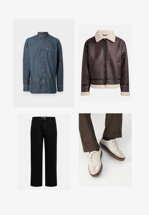 Pruun nahkjope, millel on karvane krae ja mansetid, ees lukuga ja küljetaskutega. Tekstureeritud pind kontrastsete nahkdetailidega.; Denim pikaõlgadega nööbitav särk terava kraega ja rinna taskuga, millel on väike pruun brändimärk.; Kreemivärvi puuvillane T-särk lühikeste varrukatega, ümmarguse kaeluse ja mereteemalise sinise ja valge triibuga. Sile tekstuur, mugav lõike.; Mustad denim püksid sirge jala kujundiga, klassikaline viie tasku disain ja nööbid kinniuisutamisel. Sile tekstuur ja vastupidav kangas.; Bežid spordijalised, millel on tekstuuriga suede esiosa, siledast nahast küljed ja pruun kummitald. Lisatud on paelad ja heledad õmbluse detailid.
