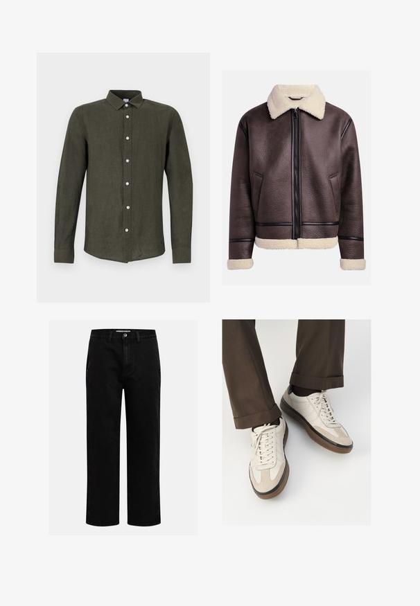Rjava usnjena jakna s ovratnikom in manšeti iz ovčje kože, z sprednjim zadrgo in stranskimi žepi. Teksturirana površina s kontrastnimi usnjenimi detajli.; Temnozelena srajca z dolgimi rokavi iz lana. Ima zapenjanje na gumbe spredaj z svetlimi gumbi in ovratnik za strukturiran videz.; Kremasta bombažna majica s kratkimi rokavi, z okroglim izrezom, okrašenim z mornarsko modrimi in belimi črtami. Gladka tekstura, sproščen kroj.; Črne denim hlače s ravnim krojem, klasičnim pet-takošnjim dizajnom in gumbom za zapiranje v pasu. Gladka tekstura in trpežna tkanina.; Bež teniske z teksturiranim prednjim delom iz usnja, gladkimi kožnimi stranicami in rjavo gumijasto podplatom. Vključene vezalke in svetla šivana detajla.