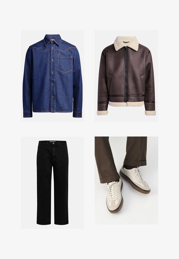 Ruda odinė striukė su avikailio apykakle ir rankogaliais, turinti priekinį užtrauktuką ir šonines kišenes. Davekli paviršius su kontrastingais odiniais akcentais.; Tamsiai mėlynas džinsinis marškinėliai su ilgomis rankovėmis, smailiu apykaklės dizainu, mygtukų priekyje, krūtine kišene ir kontrastinga oranžine siuvimo linija.; Kremo spalvos medvilninė marškinėlių su trumpomis rankovėmis, suapvalintu iškirpimu, puoštu tamsiai mėlynomis ir baltomis juostelėmis. Glotni tekstūra, laisvas sijonas.; Juodi džinsai su tiesiu kirpimu, klasikinio penkių kišenių dizainu ir mygtuko užsegimu juosmens zonoje. Lygus tekstūras ir patvari medžiaga.; Bežiniai sportbačiai su tekstūruotu zomšinės priekine dalimi, lygiomis odinėmis šoninėmis dalimis ir ruda guminėmis padais. Į komplektą įeina juostelės ir šviesūs siuvimo detalės.