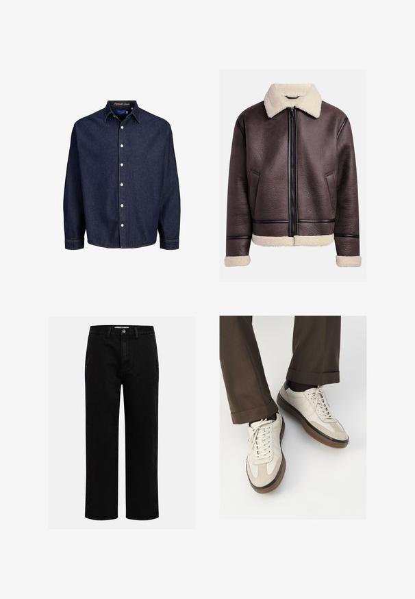 Brun skinnjakke med en fårskinnskrage og mansjetter, med glidelås foran og sidlommer. Teksturert overflate med kontrasterende skinnaksenter.; Mørkeblå denimskjorte med knappestolpe foran, lange ermer og klassisk krage, med hvite knapper og kontraststing.; Kremfarget bomulls T-skjorte med korte ermer, med rund halskant pyntet med marineblå og hvite striper. Glatt tekstur, avslappet passform.; Svarte denimbukser med rett benkutt, klassisk fem-lomme design og knappelukking i livet. Glatt tekstur og slitesterkt stoff.; Beige sneakers med teksturert semsket front, glatte skinnsider og en brun gummisåle. Snører og lys syddetalj inkludert.