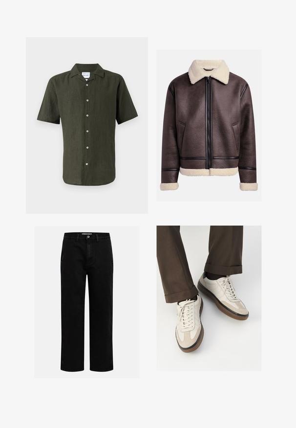 Veste en cuir marron avec un col et des poignets en peau de mouton, dotée d'une fermeture éclair à l'avant et de poches latérales. Surface texturée avec des accents en cuir contrastants.; Chemise en lin vert foncé à manches courtes, avec un col, une fermeture à boutons à l'avant et un ourlet droit. Tissu texturé avec un léger éclat.; T-shirt en coton couleur crème à manches courtes, avec un col rond accentué de rayures bleu marine et blanches. Texture lisse, coupe décontractée.; Pantalons en denim noir avec une coupe droite, design classique à cinq poches et fermeture à bouton à la taille. Texture lisse et tissu durable.; Baskets beiges avec un devant en suède texturé, côtés en cuir lisse et semelle en caoutchouc brun. Lacets et détails de couture légère inclus.