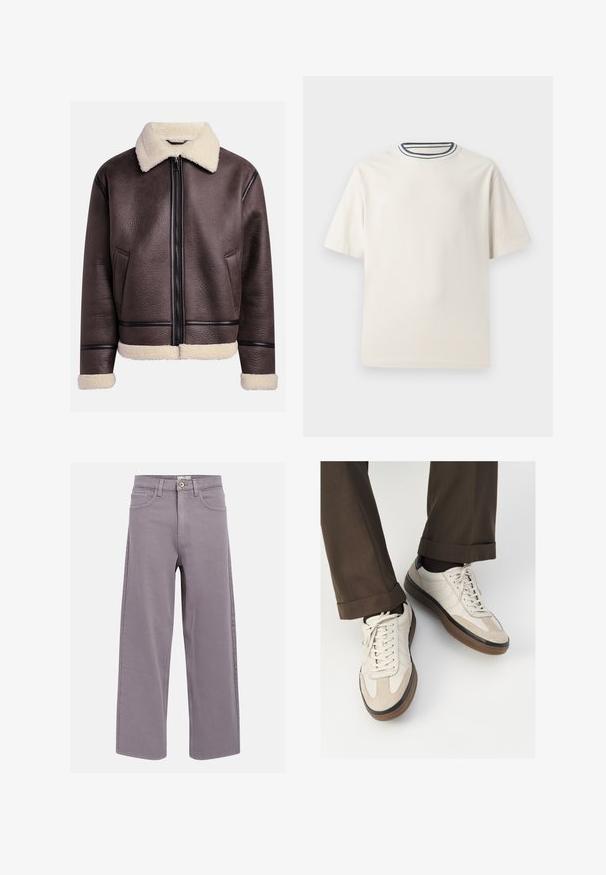Brūna ādas jaka ar zamšveida apkakli un aprocēm, ar priekšējo rāvējslēdzēju un sānu kabatām. Teksturēta virsma ar kontrastējošiem ādas akcentiem.; Krēmlādas kokvilnas T-krekls ar īsām piedurknēm, ar kārtīgu apkakli, ko akcentē tumši zila un balta svītra. Gluda tekstūra, brīva piegriezuma.; Tumši zili džinsu garās piedurknes krekls ar norādītu apkakli, pogu priekšpusi, krūšu kabatu un kontrastējošām oranžām šuvēm.; Taisni kāju lavandas pelēki džinsi ar priekšējiem un aizmugures kabatām, jostu cilpām un pogu aizdari jostas vietā.; Beidzī lasi ar strukturētu zamšādu priekšpusi, gludiem ādas sāniem un brūnu gumijas zoli. Iekļauti auklas un viegla šuvuma detaļas.