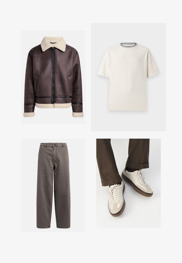 Rjava usnjena jakna s ovratnikom in manšeti iz ovčje kože, z sprednjim zadrgo in stranskimi žepi. Teksturirana površina s kontrastnimi usnjenimi detajli.; Kremasta bombažna majica s kratkimi rokavi, z okroglim izrezom, okrašenim z mornarsko modrimi in belimi črtami. Gladka tekstura, sproščen kroj.; Sive široke hlače iz mešanice bombaža; vključujejo gumb za zapiranje, zanke za pas in sprednje žepke; gladka, trpežna tekstura.; Bež teniske z teksturiranim prednjim delom iz usnja, gladkimi kožnimi stranicami in rjavo gumijasto podplatom. Vključene vezalke in svetla šivana detajla.