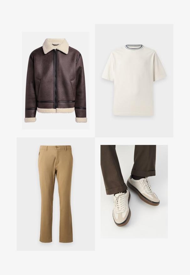 Veste en cuir marron avec un col et des poignets en peau de mouton, dotée d'une fermeture éclair à l'avant et de poches latérales. Surface texturée avec des accents en cuir contrastants.; T-shirt en coton couleur crème à manches courtes, avec un col rond accentué de rayures bleu marine et blanches. Texture lisse, coupe décontractée.; Chinos beiges avec une coupe droite, fabriqués en coton, dotés d'une fermeture par un bouton à l'avant et de poches latérales. Texture lisse.; Baskets beiges avec un devant en suède texturé, côtés en cuir lisse et semelle en caoutchouc brun. Lacets et détails de couture légère inclus.