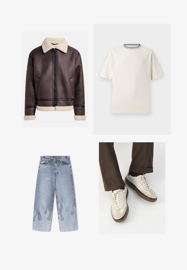 Καφέ δερμάτινο μπουφάν με γούνινο γιακά και μανίκια, διαθέτει μπροστινό φερμουάρ και πλαϊνές τσέπες. Υφή στην επιφάνεια με αντίθετες δερμάτινες λεπτομέρειες.; Κρέμα βαμβακερό μπλουζάκι με κοντά μανίκια, που διαθέτει στρογγυλή λαιμόκοψη με ναυτικές και λευκές ρίγες. Λείος υφασμάτινος χαρακτήρας, άνετη εφαρμογή.; Ανοιχτό μπλε τζιν παντελόνι με φαρδιά γραμμή. Διαθέτει ένα λεπτό σχέδιο φλόγας σε πιο ανοιχτή απόχρωση στα κάτω μέρη των ποδιών. Κλασικός σχεδιασμός πέντε τσεπών.; Μπεζ αθλητικά παπούτσια με υφή από σουέτ μπροστά, λεία δερμάτινα πλαϊνά και καουτσούκ καφέ σόλα. Περιλαμβάνονται κορδόνια και λεπτομέρειες ραφής σε ανοιχτό χρώμα.