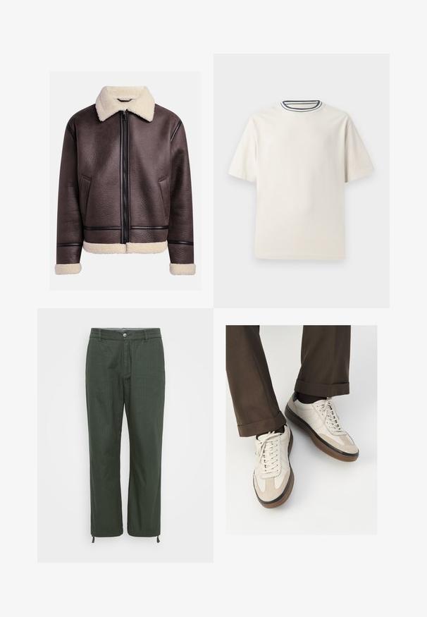 Brown leather jacket with a shearling collar and cuffs, featuring a front zipper and side pockets. Textured surface with contrasting leather accents.; Cream-colored cotton t-shirt with short sleeves, featuring a round neckline accented by navy and white stripes. Smooth texture, relaxed fit.; Trousers in dark green, made of smooth fabric. Straight-leg design with button closure, adjustable drawstrings at the hem.; Beige sneakers with a textured suede front, smooth leather sides, and a brown rubber sole. Laces and light stitching detail included.