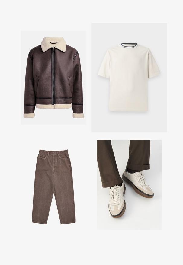 Giacca di pelle marrone con collare e polsini in shearling, dotata di una zip frontale e tasche laterali. Superficie testurizzata con accenti in pelle a contrasto.; T-shirt in cotone color crema con maniche corte, caratterizzato da un collo rotondo decorato da righe blu navy e bianche. Tessuto liscio, vestibilità comoda.; Pantaloni in denim marrone con taglio dritto, caratterizzati da cuciture bianche a contrasto e una vita standard con chiusura a bottone frontale.; Sneakers beige con una parte anteriore in suede testurizzato, lati in pelle liscia e una suola in gomma marrone. Inclusi lacci e dettagli di cucitura leggera.