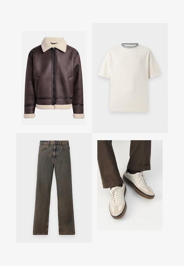 Ruskea nahkatakki, jossa on lammasvillakauluksella ja -hihoilla, etuvetoketju ja sivutaskut. Rasksurfaces, jossa on kontrastiväriset nahkakoristeet.; Kermanvärinen puuvillapaita lyhyillä hihoilla, jossa on pyöreä pääntie, jota korostavat laivastonsininen ja valkoinen raita. Sileä rakenne, rento istuvuus.; Ruskeat suorat farkut, joissa on etutaskut, napin suljenta ja vyölenkit, esillä valkoista taustaa vasten.; Beige tennarit, joissa on teksturoidut mokkasiinimaiset etuosat, sileät nahkasaumat ja ruskea kumipohja. Narut ja vaaleat ompelutiedot mukana.