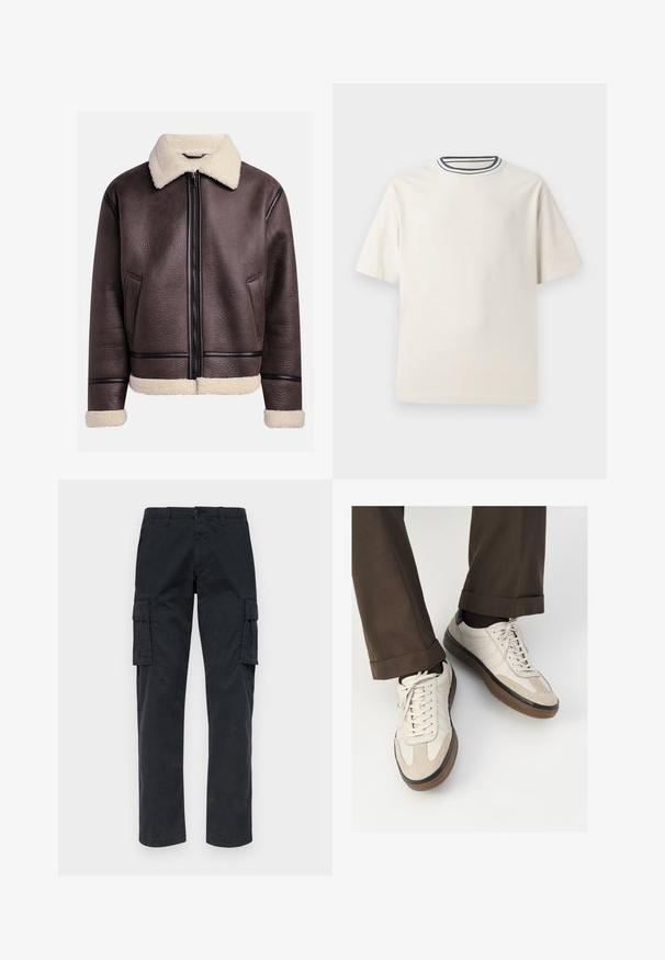 Bézs bőr dzseki, shearling gallérral és mandzsettákkal, elülső cipzárral és oldalsó zsebekkel. Texturált felszín, kontrasztos bőr díszítésekkel.; Krémszínű pamut póló rövid ujjakkal, kerek nyakkivágással, melyet tengerészkék és fehér csíkok díszítenek. Sima textúrájú, laza szabású.; Fekete cargo nadrág, tartós anyagból készült, két oldalsó zsebből, egyenes lábakkal és gombos záródással a deréknál.; Beige sportcipők, texturált velúr elülső résszel, sima bőr oldalakkal és barna gumitalppal. Fűzők és világos varrási részletek is megtalálhatók.