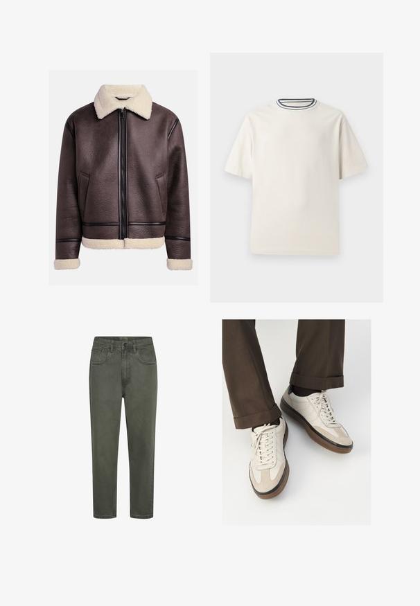 Brązowa skórzana kurtka z kołnierzem i mankietami z owczej wełny, z zapięciem na suwak z przodu i kieszeniami bocznymi. Teksturowana powierzchnia z kontrastującymi akcentami skórzanymi.; Kremowa bawełniana koszulka z krótkim rękawem, z okrągłym dekoltem ozdobionym granatowymi i białymi paskami. Gładka tekstura, luźny krój.; Zielone bawełniane chinosy o prostym kroju, z pętelkami na pasek, kieszeniami z przodu oraz zapięciem na guzik. Gładka tekstura z minimalnym przeszyciem.; Beżowe sneakersy z teksturowanym zamszowym przodem, gładkimi skórzanymi bokami i brązową gumową podeszwą. Zawierają sznurówki oraz subtelne detale w dwóch kolorach.