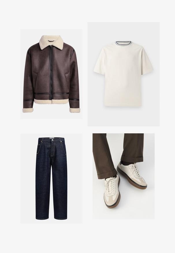 Pruun nahkjope, millel on karvane krae ja mansetid, ees lukuga ja küljetaskutega. Tekstureeritud pind kontrastsete nahkdetailidega.; Kreemivärvi puuvillane T-särk lühikeste varrukatega, ümmarguse kaeluse ja mereteemalise sinise ja valge triibuga. Sile tekstuur, mugav lõike.; Tumed denimist valmistatud sirge lõikega teksad, millel on viis taskut, vaskne nupud ja kontrastne õmblus nende õmbluste mööda.; Bežid spordijalised, millel on tekstuuriga suede esiosa, siledast nahast küljed ja pruun kummitald. Lisatud on paelad ja heledad õmbluse detailid.