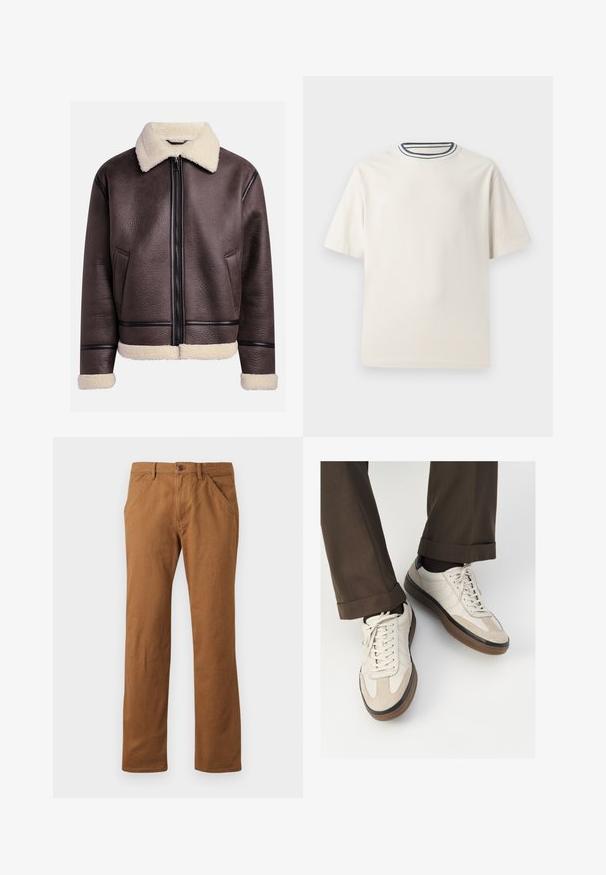 Bruine leren jas met een shearling kraag en manchetten, voorzien van een rits aan de voorkant en zijzakken. Geweven oppervlak met contrasterende leren accenten.; Crème-kleurige katoenen t-shirt met korte mouwen, met een ronde halslijn die is accentueerd met marineblauwe en witte strepen. Soepele textuur, ontspannen pasvorm.; Bruine katoenbroek met een rechte snit, voorzien van een knoopsluiting, zijzakken en een gladde textuur. Geschikt voor casual wear.; Beige sneakers met een leren voorkant van textuur-suède, gladde leren zijkanten en een bruine rubberen zool. Veters en lichte stikseldetails inbegrepen.