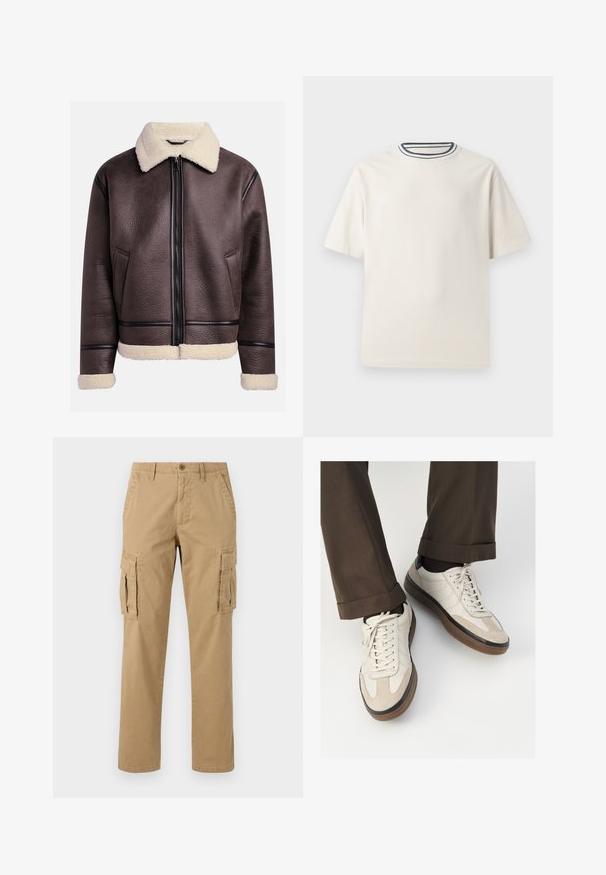 Casaco de couro castanho com colarinho e punhos em pele de carneiro, apresentando um fecho frontal e bolsos laterais. Superfície texturizada com detalhes em couro contrastantes.; T-shirt de algodão em cor creme com mangas curtas, apresentando um decote redondo realçado por listras em azul-marinho e branco. Textura suave, corte descontraído.; Calças cargo bege com dois bolsos laterais, fecho de botão, design de perna reta e um tecido suave e texturizado.; Tênis bege com frente em camurça texturizada, lados em couro liso e sola em borracha marrom. Inclui cadarços e detalhes de costura clara.
