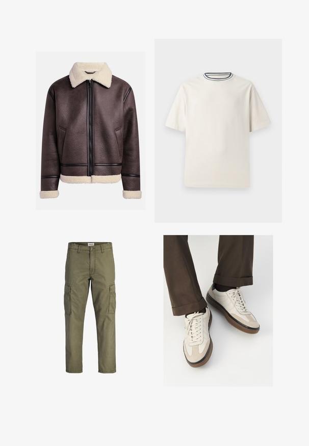 Veste en cuir marron avec un col et des poignets en peau de mouton, dotée d'une fermeture éclair à l'avant et de poches latérales. Surface texturée avec des accents en cuir contrastants.; T-shirt en coton couleur crème à manches courtes, avec un col rond accentué de rayures bleu marine et blanches. Texture lisse, coupe décontractée.; Pantalons cargo vert olive en coton, avec poches latérales, coupe droite et ceinture à fermeture bouton.; Baskets beiges avec un devant en suède texturé, côtés en cuir lisse et semelle en caoutchouc brun. Lacets et détails de couture légère inclus.