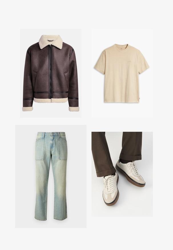 Chaqueta de cuero marrón con cuello y puños de borrego, que presenta un cierre frontal y bolsillos laterales. Superficie texturizada con acentos de cuero en contraste.; Camiseta de algodón beige con cuello redondo y mangas cortas. Presenta un sutil logotipo de "Levi's" en el mismo color en el pecho. Textura suave.; Jeans de denim azul claro con corte recto, costuras visibles y dos grandes bolsillos frontales. La tela tiene una textura descolorida.; Zapatillas beige con un frente de ante texturizado, lados de cuero liso y suela de goma marrón. Incluyen cordones y un detalle de costura ligera.