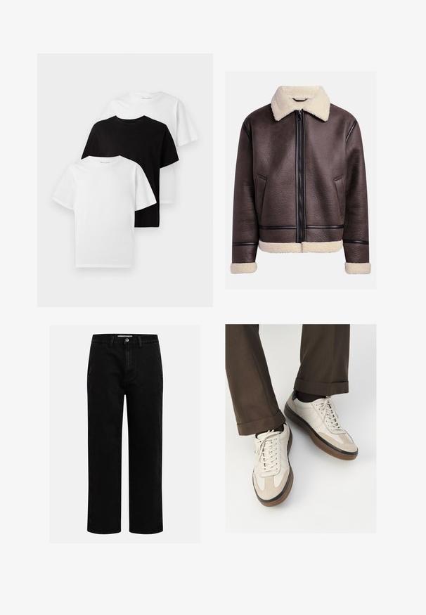 Casaco de couro castanho com colarinho e punhos em pele de carneiro, apresentando um fecho frontal e bolsos laterais. Superfície texturizada com detalhes em couro contrastantes.; Três t-shirts de gola redonda: uma preta e duas brancas. Mangas curtas, corte clássico, feitas de algodão com uma textura suave.; Calças de ganga pretas com corte reto, design clássico de cinco bolsos e fecho de botão na cintura. Textura suave e tecido durável.; Tênis bege com frente em camurça texturizada, lados em couro liso e sola em borracha marrom. Inclui cadarços e detalhes de costura clara.