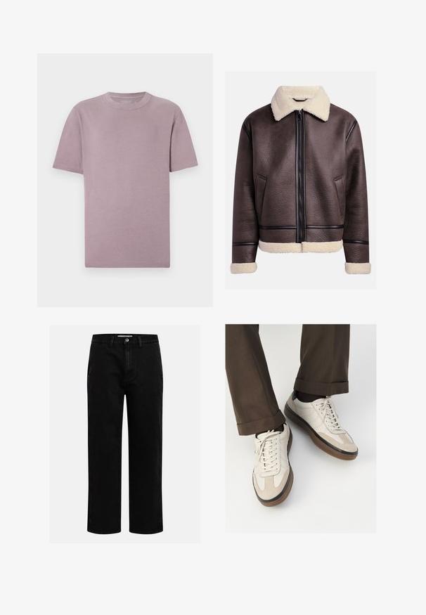 Brown leather jacket with a shearling collar and cuffs, featuring a front zipper and side pockets. Textured surface with contrasting leather accents.; Short-sleeve t-shirt in light mauve, made of soft cotton. Classic crew neckline, clean seams, and no visible logos or patterns.; Black denim pants with a straight-leg cut, classic five-pocket design, and a button closure at the waist. Smooth texture and durable fabric.; Beige sneakers with a textured suede front, smooth leather sides, and a brown rubber sole. Laces and light stitching detail included.