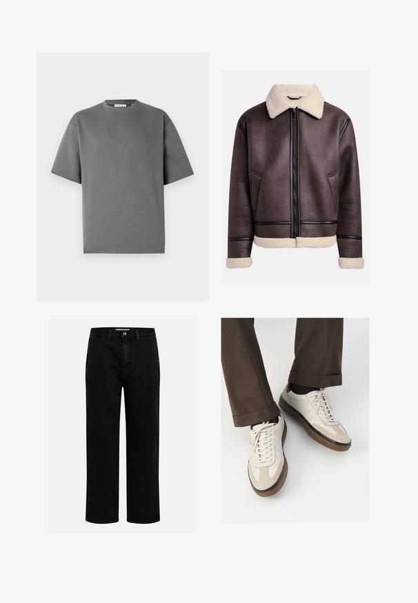 Braune Lederjacke mit einem Lammfellkragen und -bündchen, versehen mit einem Frontreißverschluss und seitlichen Taschen. Strukturiert Oberfläche mit kontrastierenden Lederelementen.; Graues T-Shirt mit kurzen Ärmeln aus weicher Baumwolle, mit rundem Halsausschnitt und entspanntem Schnitt, versehen mit minimalen Nähten.; Schwarze Jeanshose mit geradem Schnitt, klassischem Fünf-Taschen-Design und einem Knopfverschluss an der Taille. Glatte Textur und strapazierfähiger Stoff.; Beige Sneakers mit einer strukturierten Wildlederfront, glatten Lederseiten und einer braunen Gummisohle. Bändel und helle Nähdetails sind enthalten.