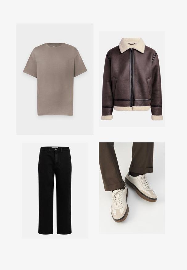 Braune Lederjacke mit einem Lammfellkragen und -bündchen, versehen mit einem Frontreißverschluss und seitlichen Taschen. Strukturiert Oberfläche mit kontrastierenden Lederelementen.; Kurzärmeliges T-Shirt mit Rundhalsausschnitt in einem gedämpften Taupe-Farbton, aus Baumwolle, mit entspanntem Schnitt und glatter, weicher Textur.; Schwarze Jeanshose mit geradem Schnitt, klassischem Fünf-Taschen-Design und einem Knopfverschluss an der Taille. Glatte Textur und strapazierfähiger Stoff.; Beige Sneakers mit einer strukturierten Wildlederfront, glatten Lederseiten und einer braunen Gummisohle. Bändel und helle Nähdetails sind enthalten.